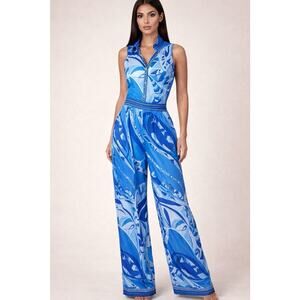 Half Heart Women’s S Blue Print Sleeveless V-Neck Wide Leg Jumpsuit NWOT Boho